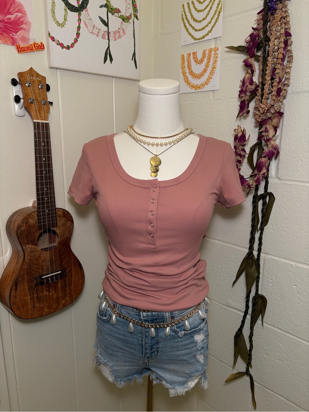 Pink Ribbed Button-Up Women's Top - Picture 1 of 3